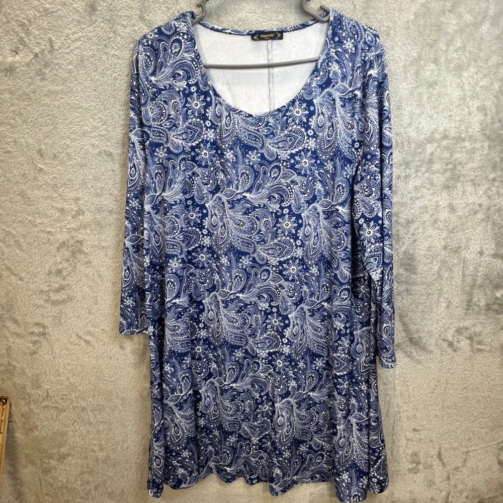 Enmain Blue White Paisley Floral Tunic Dress 3/4 Sleeve 2XL Boho Peasant Classic